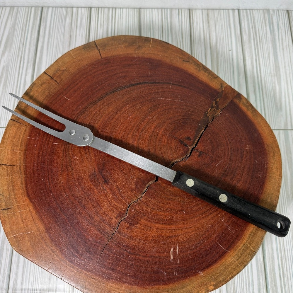 Vintage Ekco Forge Stainless Steel Meat Carving Fork USAβ Black Handle 2 Tine